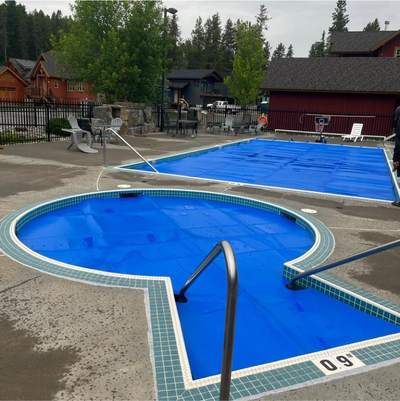 Thermal floating spa cover on a commercial pool and hot tub.